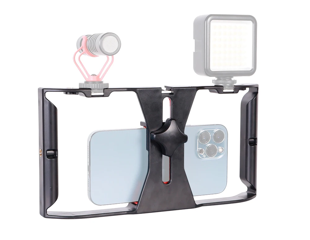 
New! LED Microphone Smartphone Video Rig Kit Handheld Mobile Stabilizers links Phone holder Frame Mount for Iphone Film Taking 