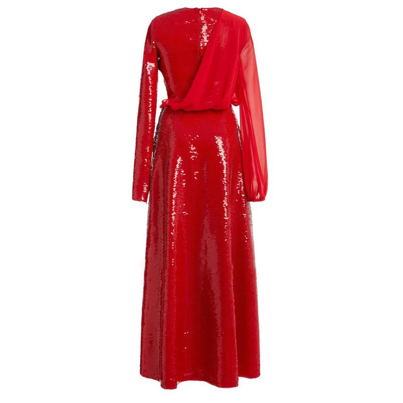 Bettergirl Fashion Ladies Long Gowns Party Guest Long Sleeve Sequined Evening Dress Sweep Train Slit New Years Eve Party Dress