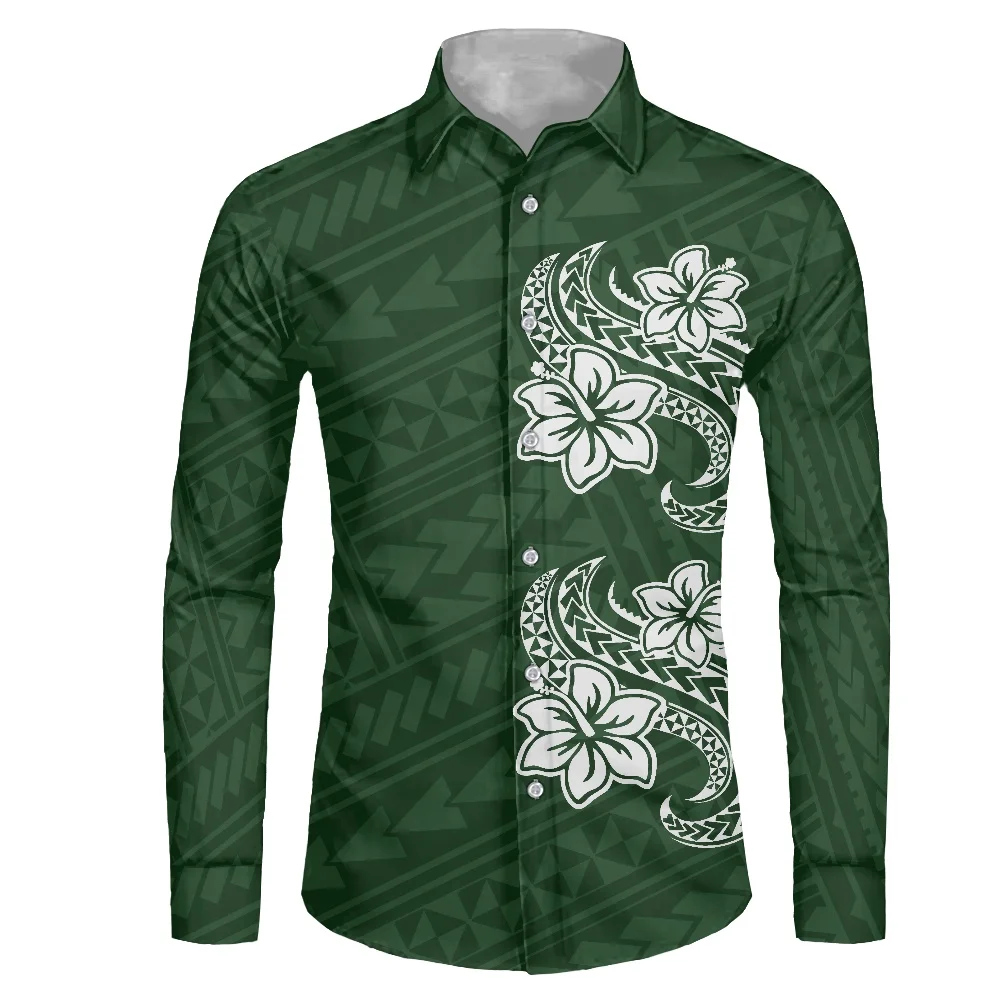 2022 New Arrival Custom Green Polynesian Tattoo Shirts Hibiscus Flower Print Mens Designer Shirts Long Sleeve Oem Shirt for Men