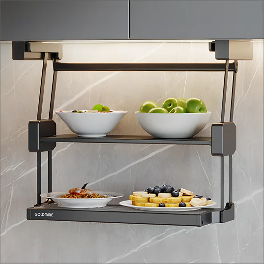 Goldmine kitchen cabinet pull-down folding dish storage rack lifting wall cabinet storage seasoning pull basket