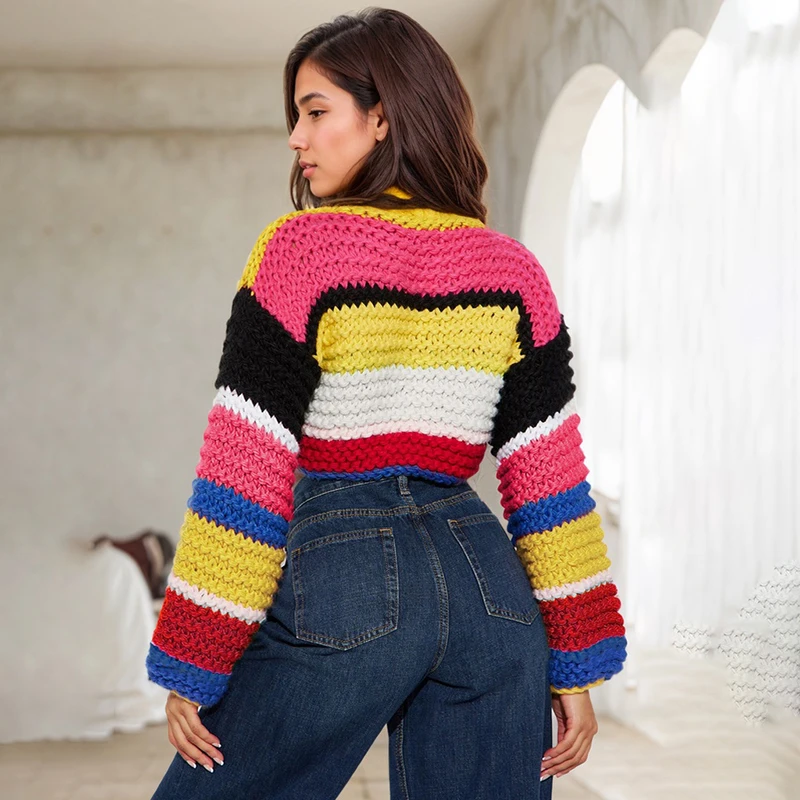 Bomblook D24TP530 2024 Autumn Striped Long Sleeved Rainbow Grid Short Sweater Knitwear Crop Top Wholesale