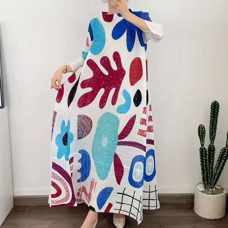 2023 Spring Miyake Latest Plant Floral Style  Casual Wrist Sleeves Pleated Plus Size  Women Dress Clothing