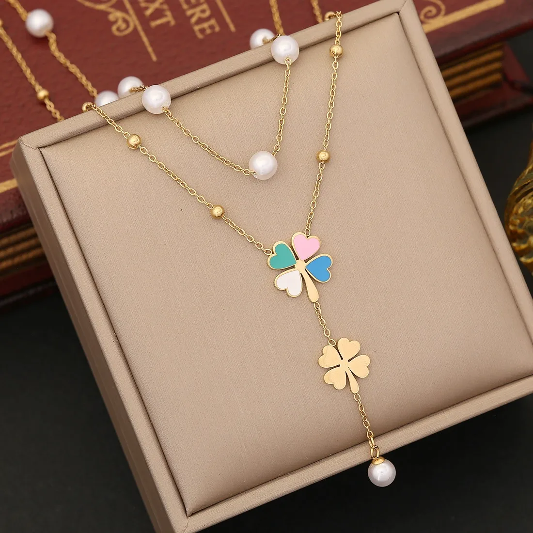 New Fashion Pearl Double Layer Chain Trendy Love Butterfly Pendant Stainless Steel Temperament Necklace