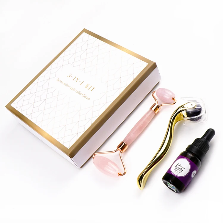 Micro Needles 0.5 mm Derma Roller Microneedling Kit For Skin Care Set Rose Quartz Jade Roller & Serum