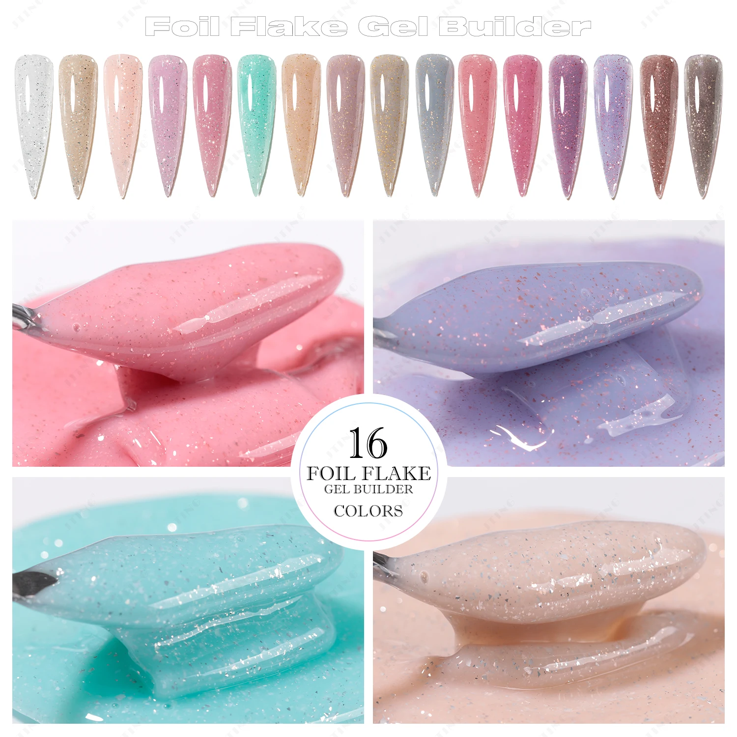 JTING Long Lasting 16colors Foil Flake Gel Builder UV/LED Nail Extension Soak Off Construction Gel No Yellowing Gel Builder