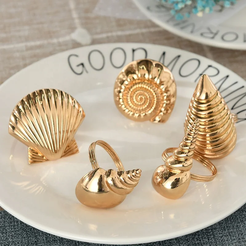 IN STOCK Gold Metal Mixed Shell Shapes Ocean Marine Napkin Rings For Home Decor, A Set of 5
