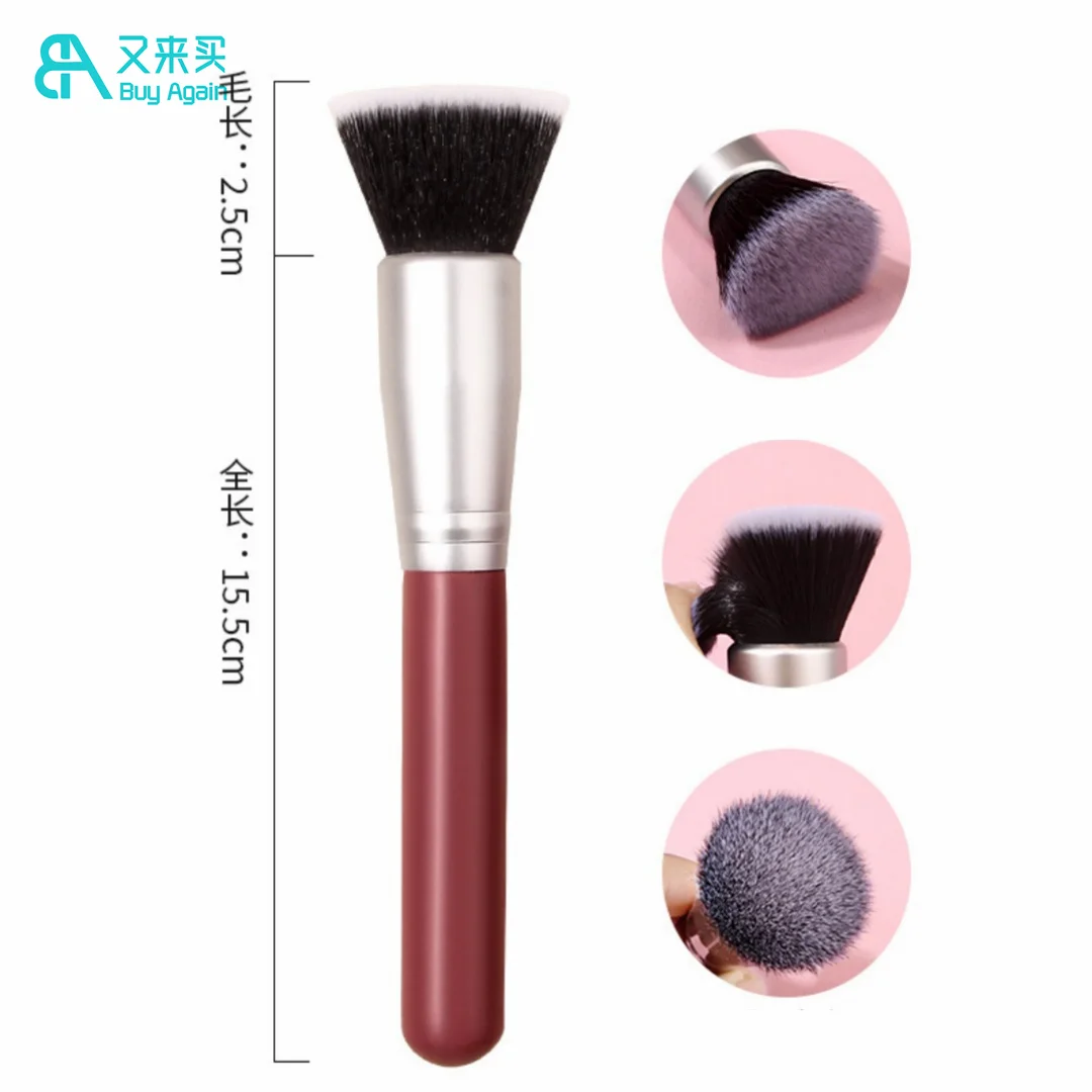 wholesale custom logo wine red foundation makeup brush high quality professional liquid buffer flat top foundation brush