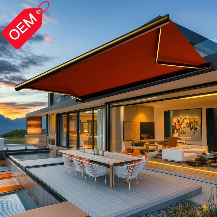 Outdoor Aluminum Retractable Awning Full Cassette Motorized Folding Arm Car Awning