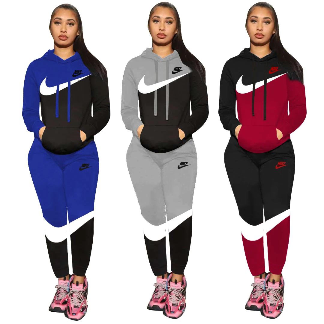 Explosion Models Fashion Patchwork Nike Hoodie Skinny Pants Plain Matching Tracksuits 2 Piece Women Long Sleeve Sportswear Set