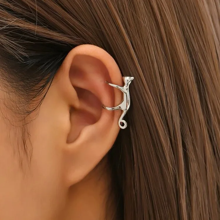 Lovely Mirror Animal Ear Bone Earrings for Women PVD Silver Gold Plated Alloy Cat Shape Ear Clip Earrings