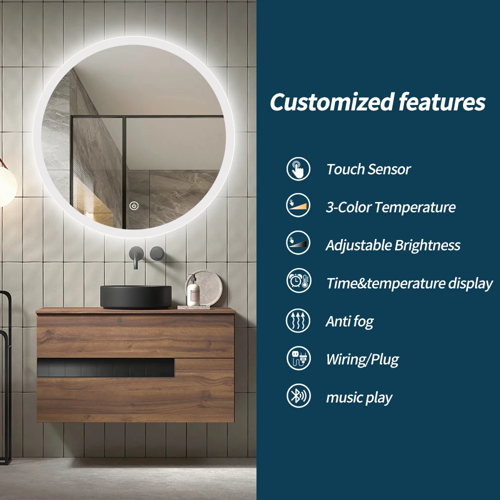 Factory wholesale smart hotel lighted round mirror anti fog wall bathroom led mirror with music features bath mirrors