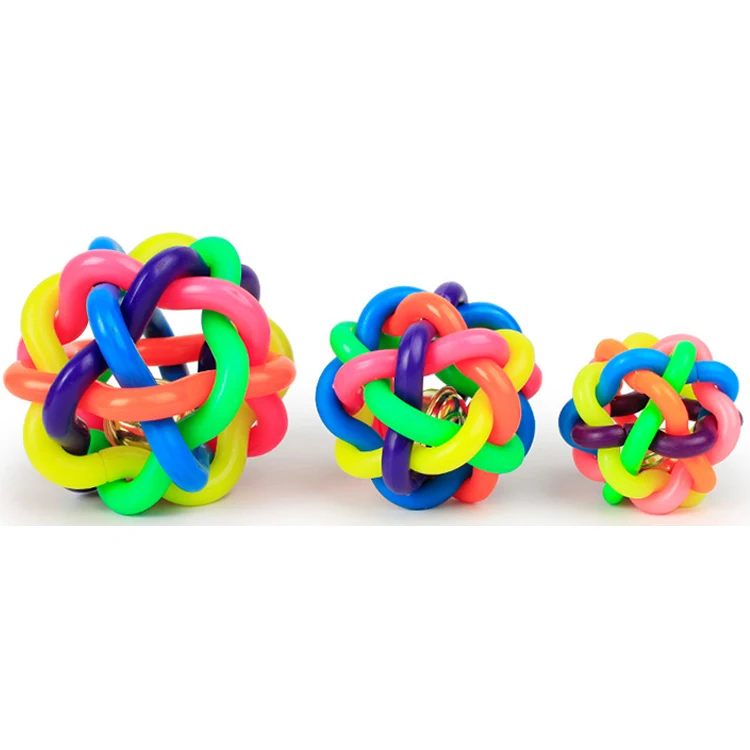 Factory stock rubber pet cat toy colorful bell woven ball dog toy