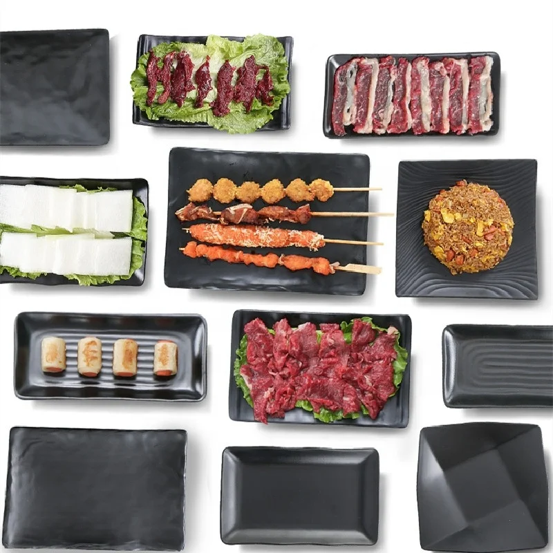 Solid Black Plastic Tableware Plate Set Dish Dinnerware Restaurant Barbecue Steak Plates Household Melamine Dinner Dishes