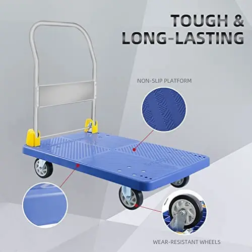 Platform Truck with 880lb Load Capacity Flatbed Push Dolly Foldable Push Hand Cart for Loading and Storage Noiseless