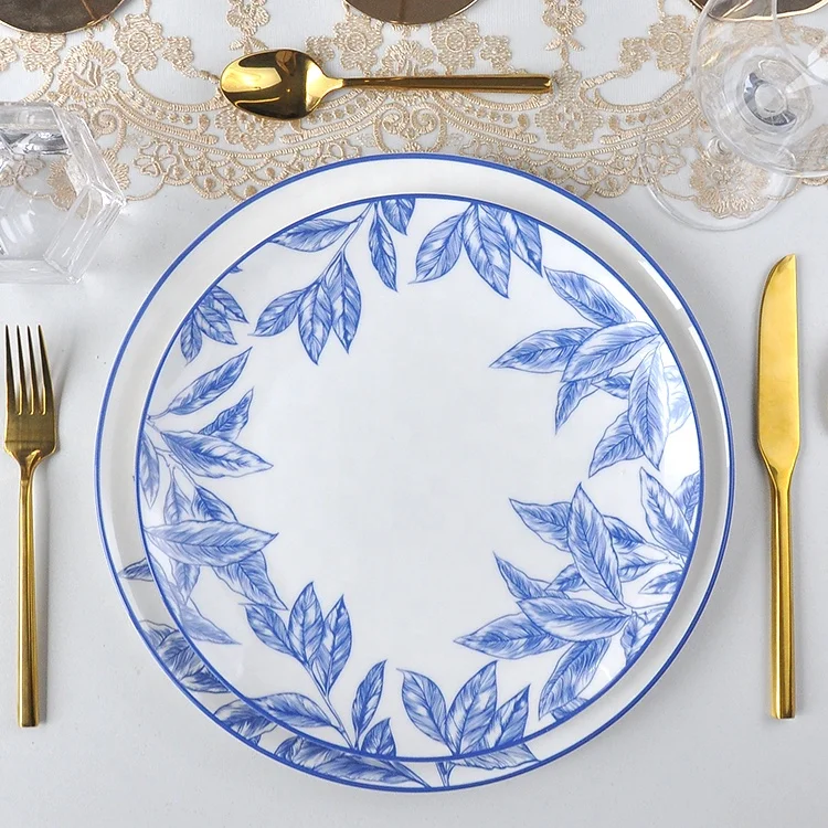 Custom Printed Blue Bone China Dinner and Dessert Plate Set Contemporary Hotel Porcelain Bread and Dish Set for Gifting