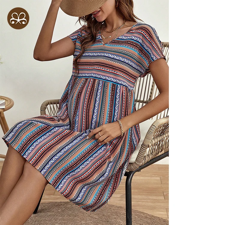 Sexy Women Summer V Neck High Waist Short Sleeve Minority Pregnant Short Dress Woven Fabric Print Pattern Custom Designs Print
