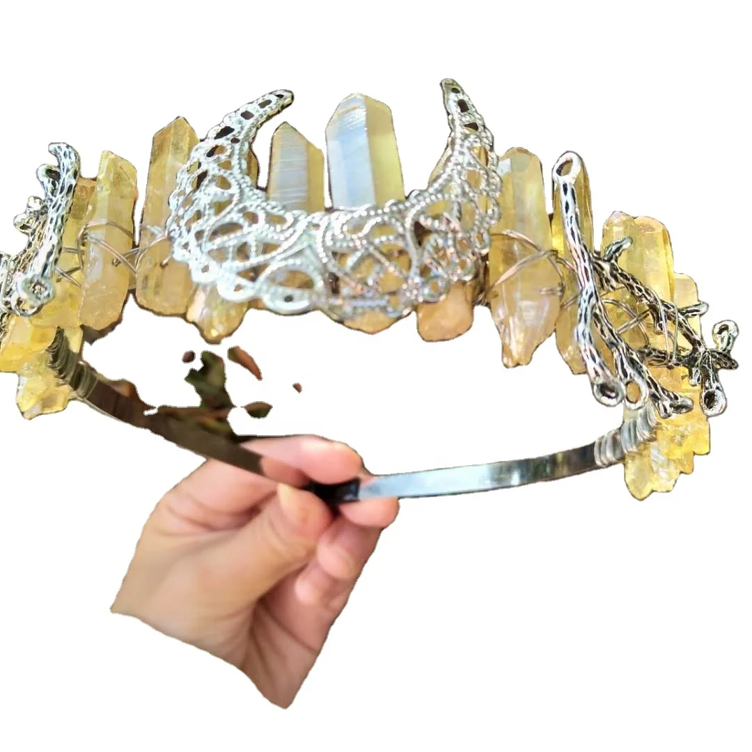 Beautiful crystal carving crown tiara headband,aura citrine crown wire wrapped gypsy headpiece birthday hair crown as gift