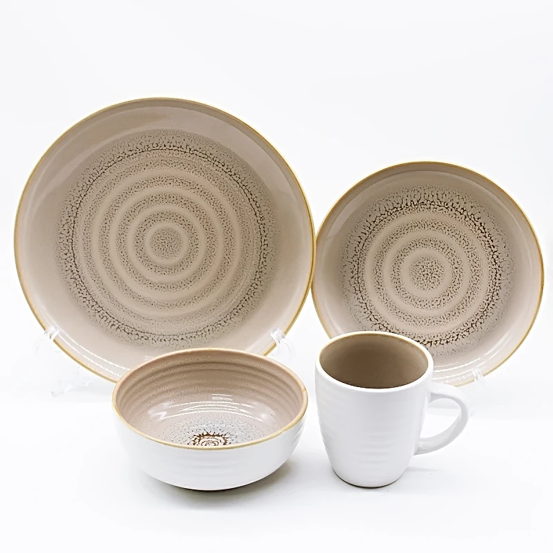 Wholesale luxury hand print dinner wares kitchen 16 pcs ceramic flamed glazed color tableware set