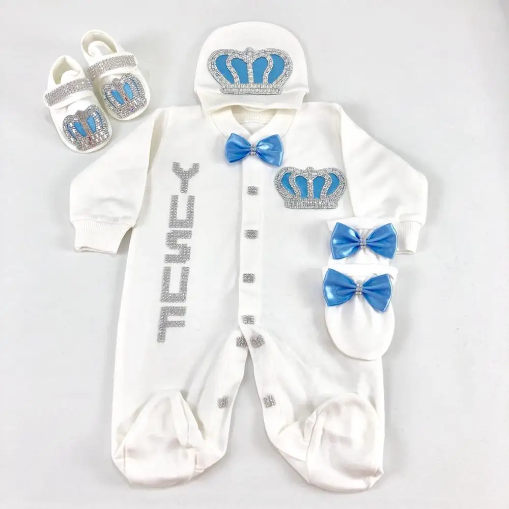 Baby Rompers Girls Boys Infant Cotton Clothes 4Pcs Set Hat Shoes Mittens Welcome Newborn Crown Jewelry Angel Wing Pajamas OUtfit