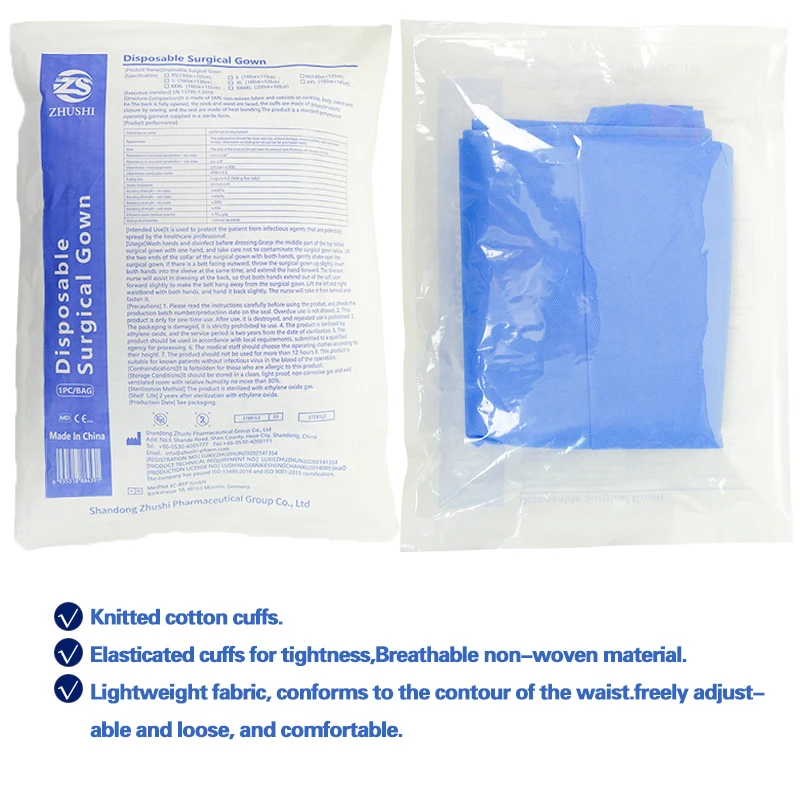 Inexpensive disposable blue non-sterile non-woven elastic knitted cuff isolation gown