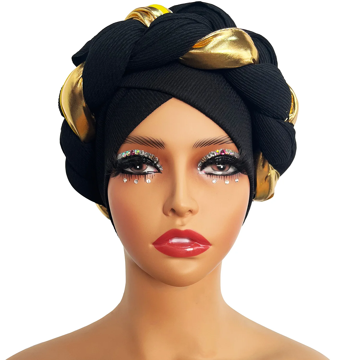 HZM-23431 Wholesale Latest Shiny Braided Party Cap Wear Head Wraps Luxury Elastic Muslim Bonnet African Turban For Women