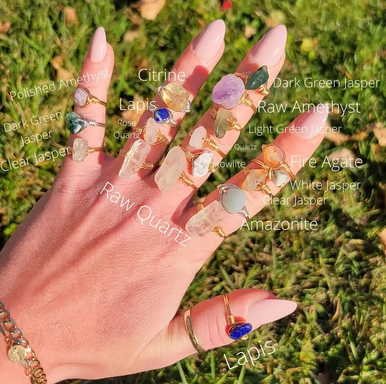 Minimalist irregular raw stone Healing crystal Wire Wrapped Amethyst carnelian gemstone ring