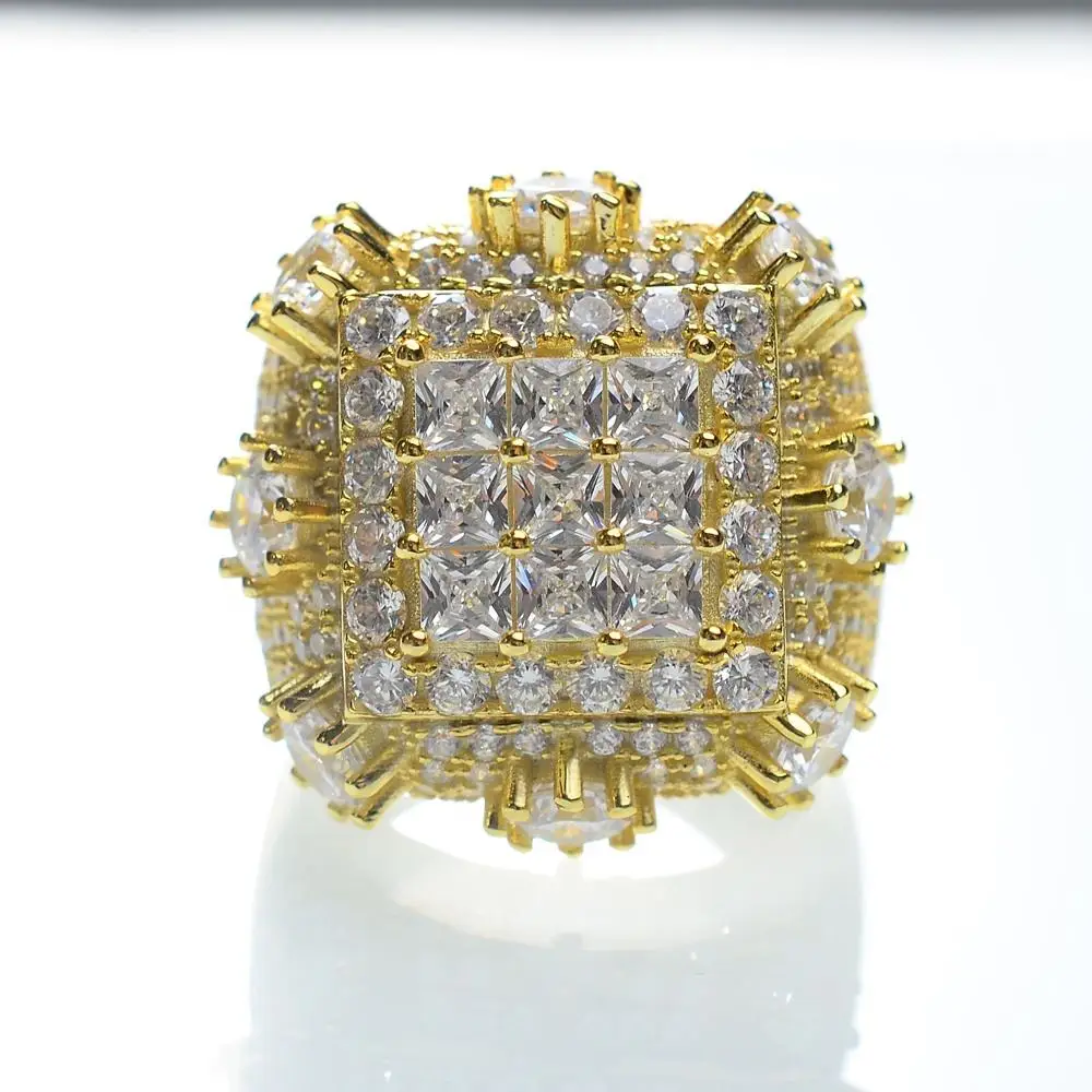 Hip Hop micro pave iced out baguette stone brass gold plated designs ring for men