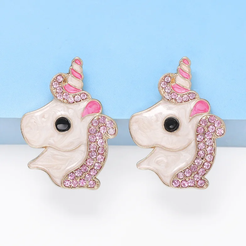 2023 New arrivals cute cartoon pink diamond unicorn stud earrings for lady girls kids