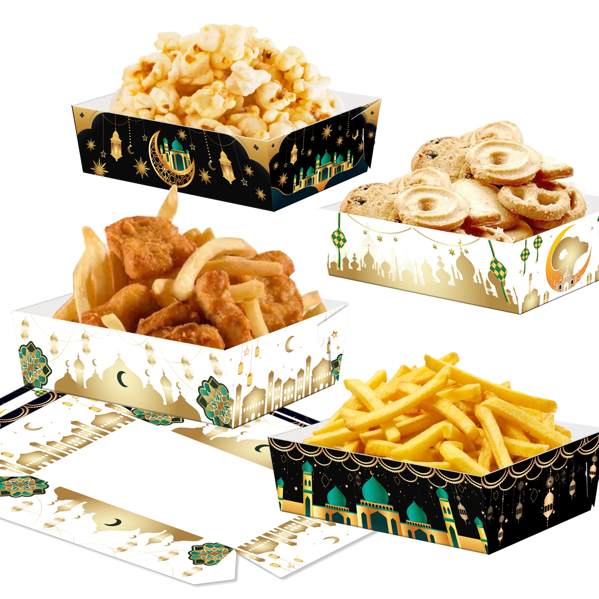 Huancai 24PCS Eid Mubarak Snack Trays Party Decor Disposable Paper Food Serving Tray Paper Food Boats for Ramadan Party Supplies