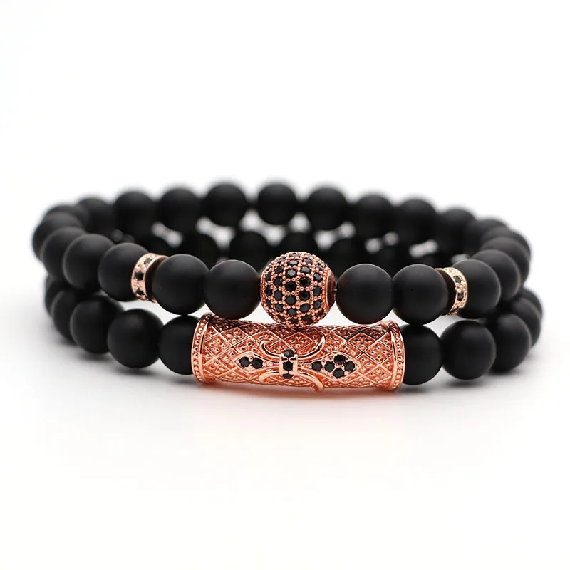 men bracelet lion head with crown bracelets 8mm natural stone beads bracelet pave cz crowns men women jewelry pulseira