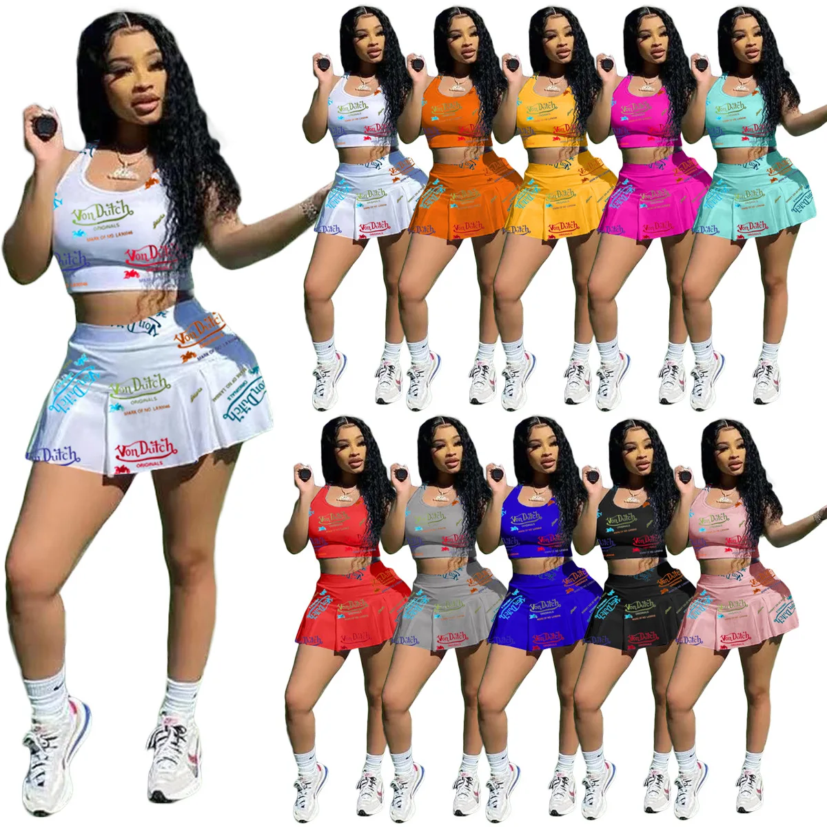 
MW8312-New Girls Mini Skirt 2 Pieces Set Letters Printing Two Pieces Short Skirts Set Tennis OTutfits Sportwear 