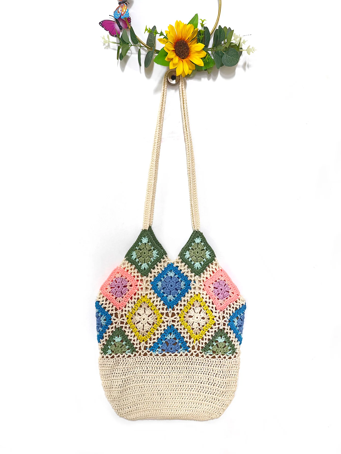 Factory Bohemian Handmade Crochet Party Granny Colorful Square Hobo Flowers Cotton Cord Tote Shoulder Bag Casual Shopping Bag