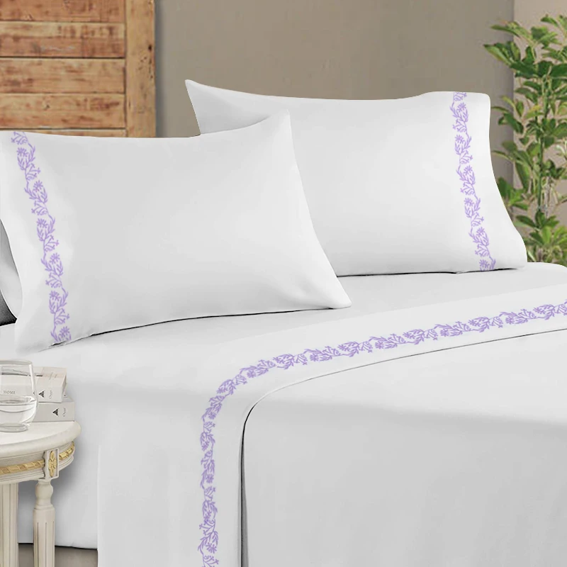 HONEYMOON Luxury Brushed Super Soft 4 piece Microfibre King/Queen Size Embroidery Solid Fitted bedsheet Bed Sheets Set For Hotel