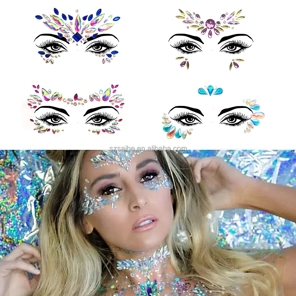 Wholesale Custom Glitter Unique Women Face Eye Body Rhinestones Crystal Eyebrow Stickers Tattoo Temporary For Festival Party