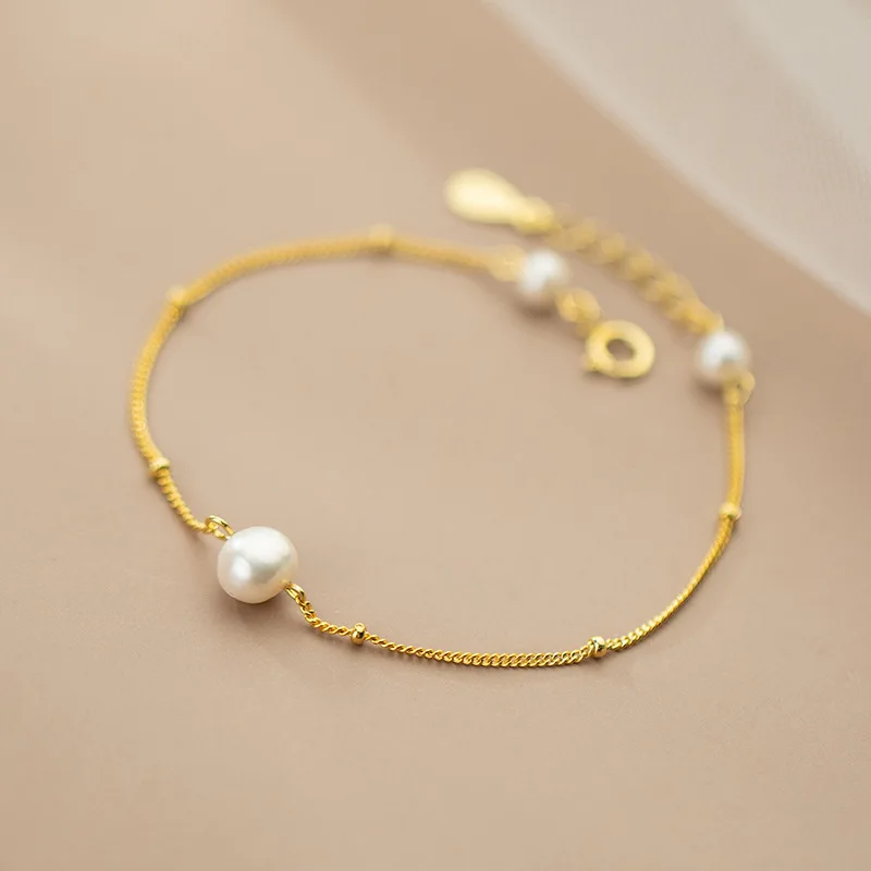 fashion jewelry bracelets 925 sterling silver pearl round bead bracelet real natural pearls gold plated bracelets for women