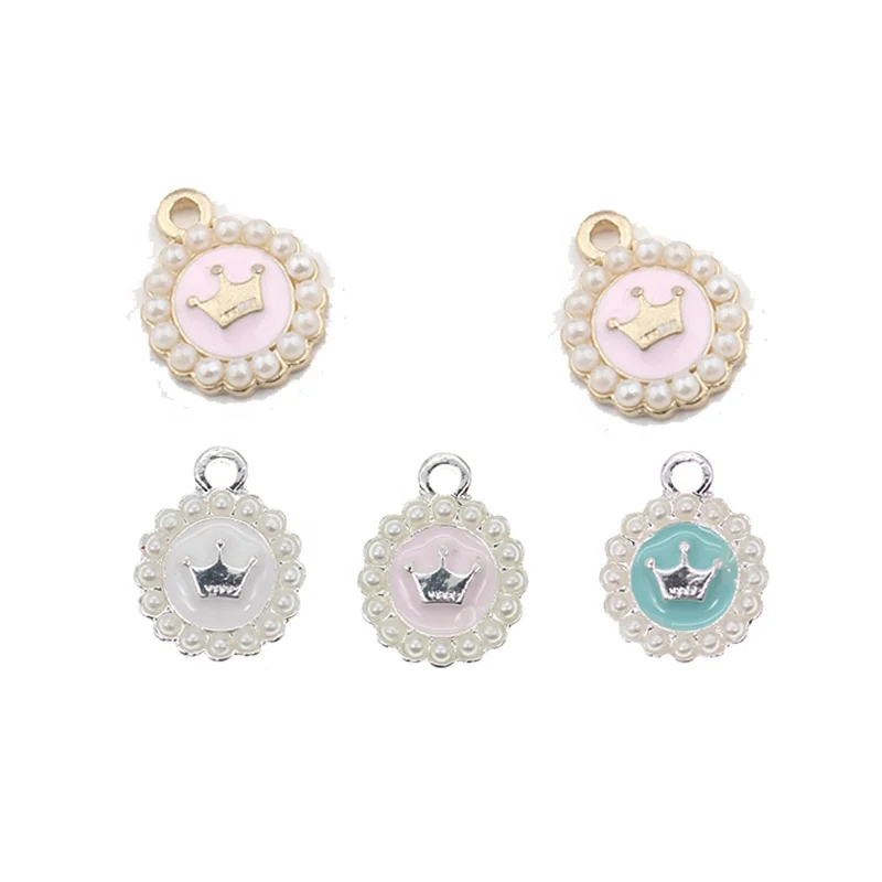 Gold Pink Pearl Crown Baby Charms Pendant For Baby Pins Making Silver Plated Pearl Crown Enamel Charms For Jewelry  Bracelet