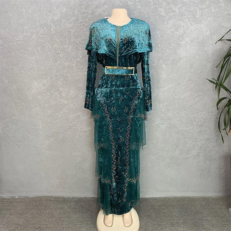 2022 New Arrival Rhinestone Evening Party Dresses Fashion O Neck African Dresses For Women Velvet Stretch Maxi Dress With Belt