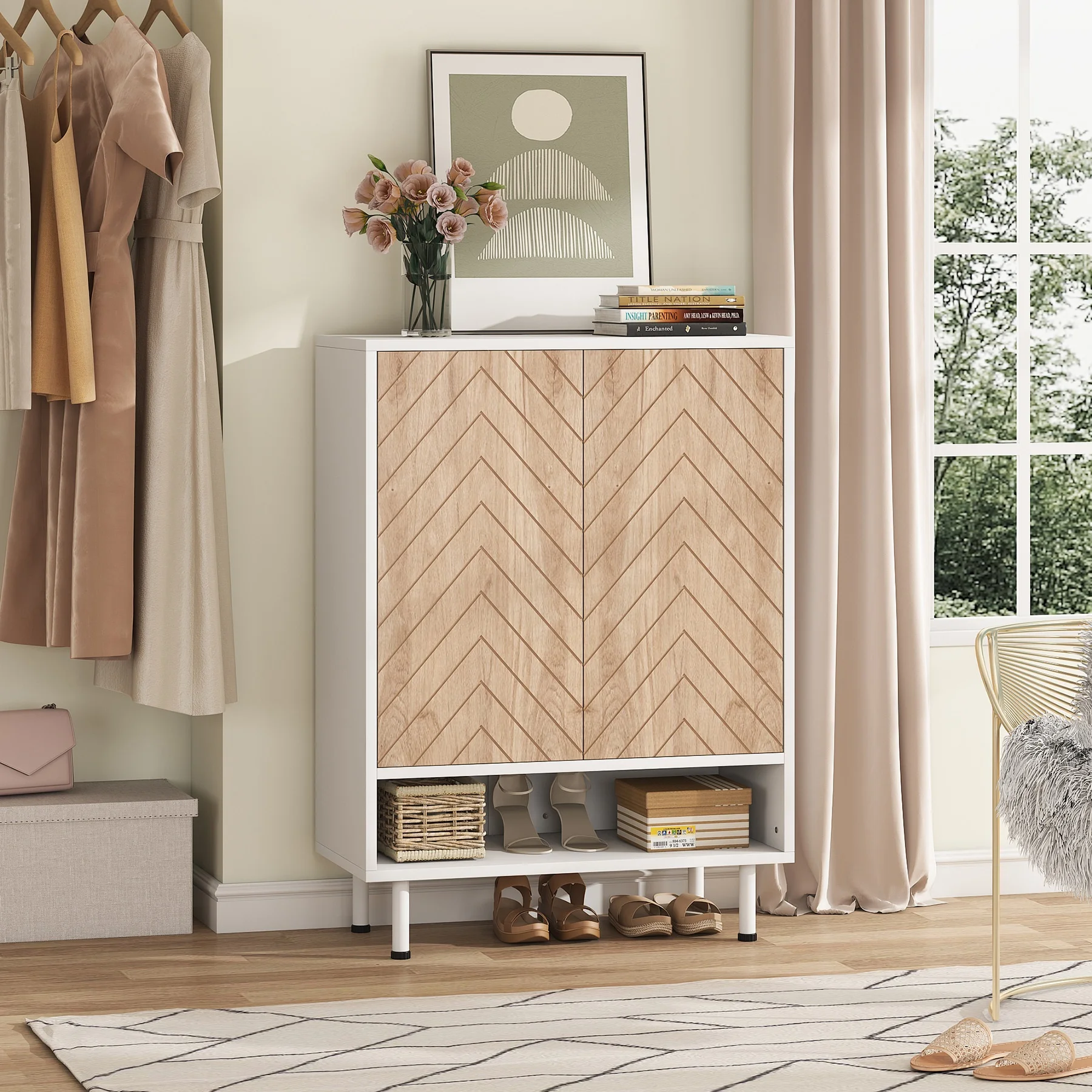 Wood Grain Luxury Modern Shoe Cabinet Living Room Shoe Rack 6-Tier Storage Closet With Door for Entryway