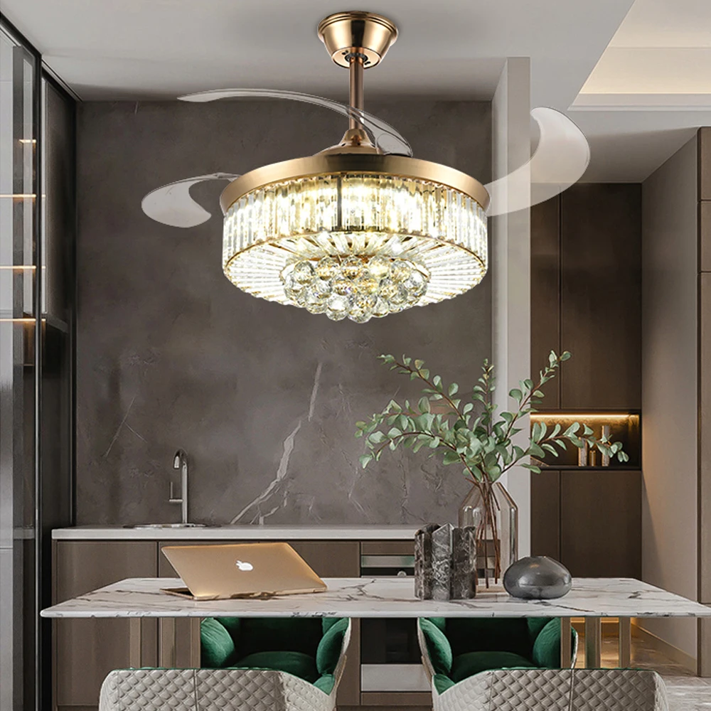 Chandelier Golden 42inch  Brushed Luxurious Walnut Public Retractable Modern Crystal Medium Luxury Ceiling Fan