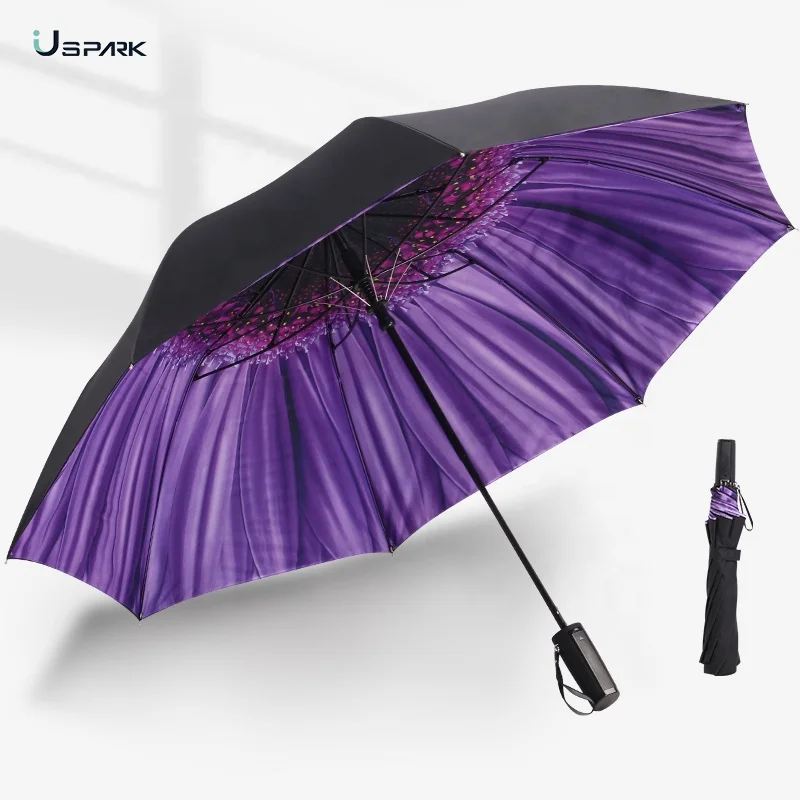 Цифровая печать подсолнухов 23 дюйма двухслойный двойной складной полуавтоматический 2 складной зонт