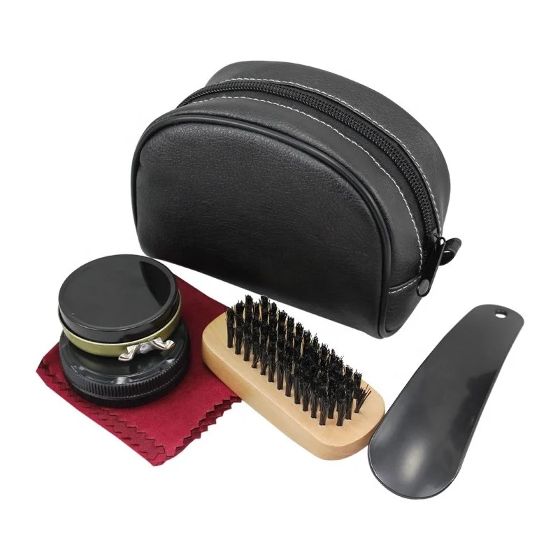 Promotional gift black sneaker shoe care kit ,compactly 5pcs shoe shine set in leather case, portable shoe cleaning tools kit