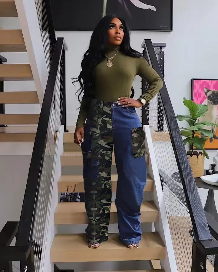 2024C301 Spring Denim Pants Washed Camo Patchwork Cargo Jeans With Pockets For Women Casual Jean Good Quality Jeans