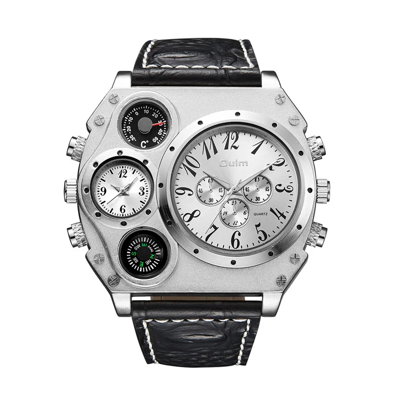 Oulm Hp1349 Luxury Leather Strap Luminous Military Multifunction Mens Style Large Dial Casual Alloy Quartz Watches