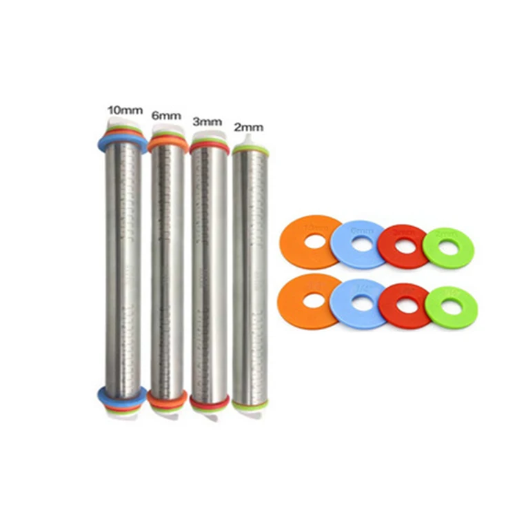 New design silver color Adjustable Dough Roller Non-Stick Stainless Steel Cookie Rolling Pin with mat