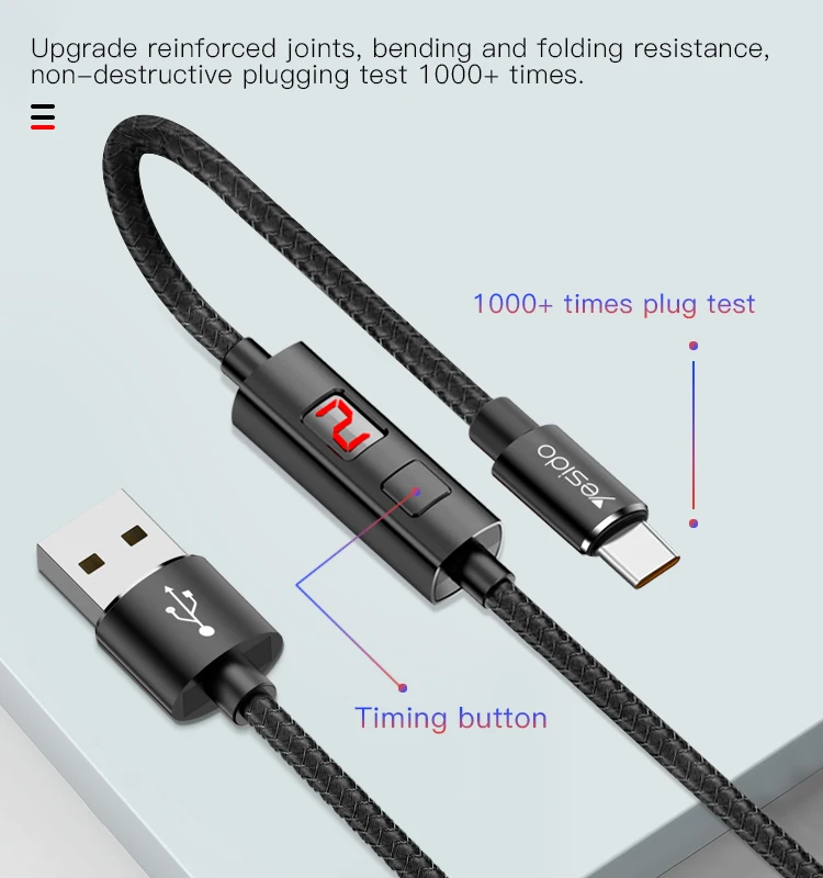 
Yesido Wholesale Data Cable Line Nylon Braided Intelligent Timing Cut Off Usb Charging Cable For Iphone 