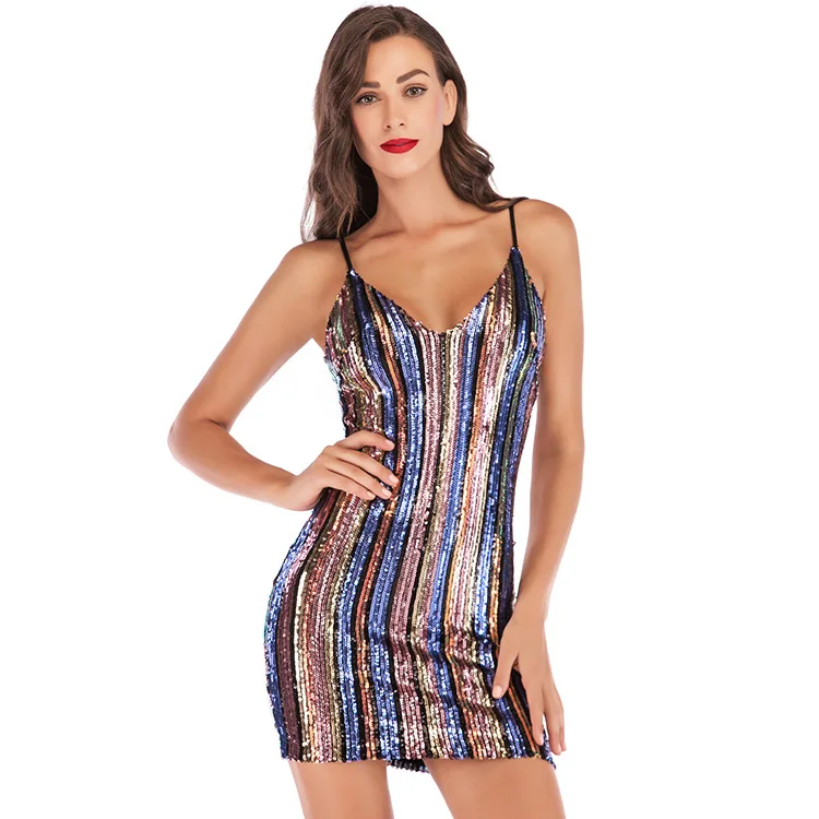 
Sexy Women Adjustable Shoulder Straps Dress Lady Elegant Striped Sequin Nightclub Dress 