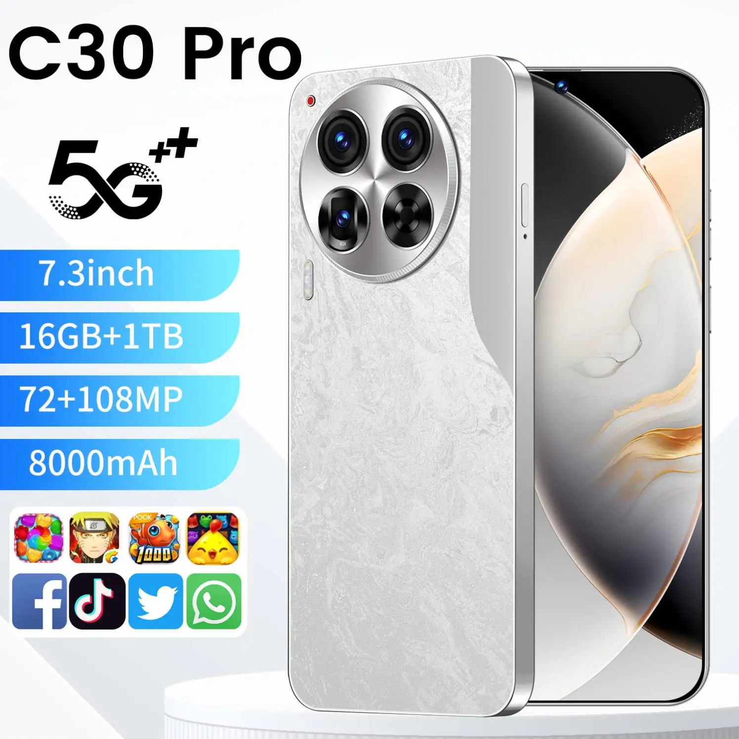 C30 Pro Smartphone 6.54' 2K Android Global Gaming Phone with 3500mAh Battery Dual SIM 256GB ROM LTE and CDMA Mobile Phone