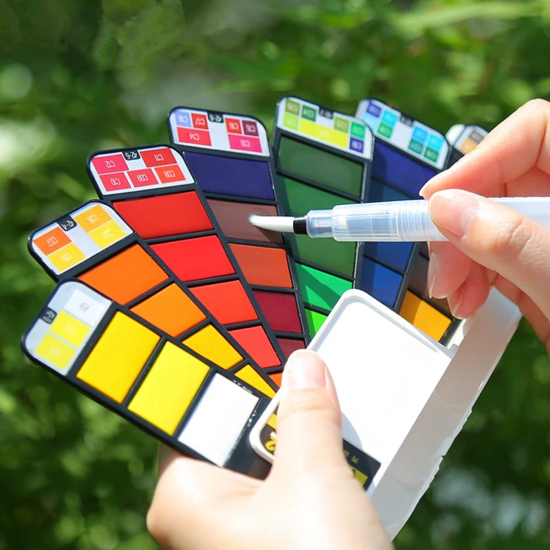 Superior Portable 18/25/33/42 Watercolor Paint With Water Brush, Fan Shaped Thin Solid Watercolor Painting Set