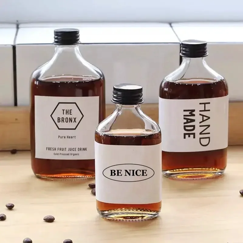 Flat Flask Bottle 200ml 200 Ml Clear Matt Black Cold Brew Coffee Juice Glass Bottle For Beverage Liquor Tea