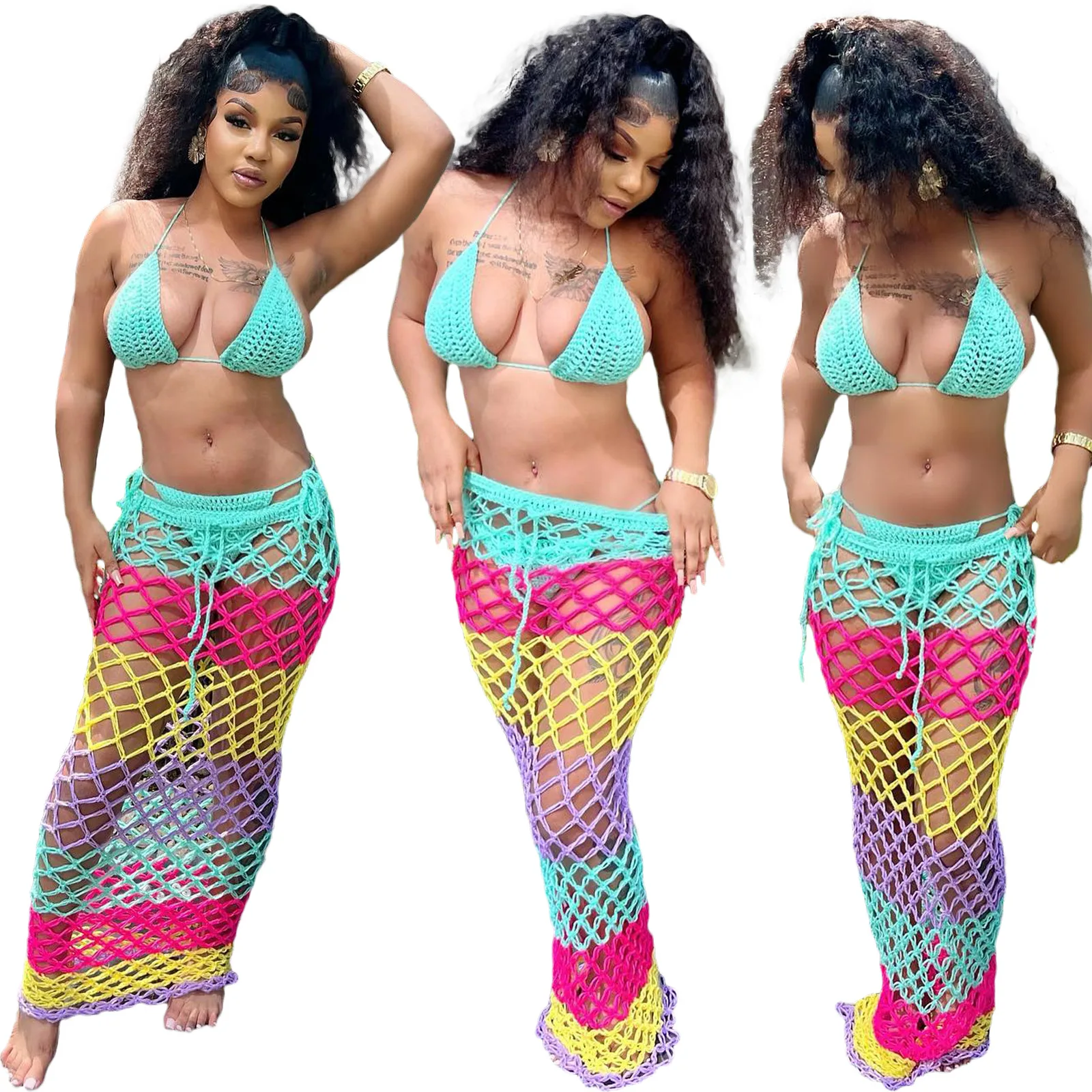 Patchwork Colourful Woman Crochet Cover Beach Skirt Knit 3 Piece Bikini Set With Midi Skirt Bra Crochet Beach Dress 2024